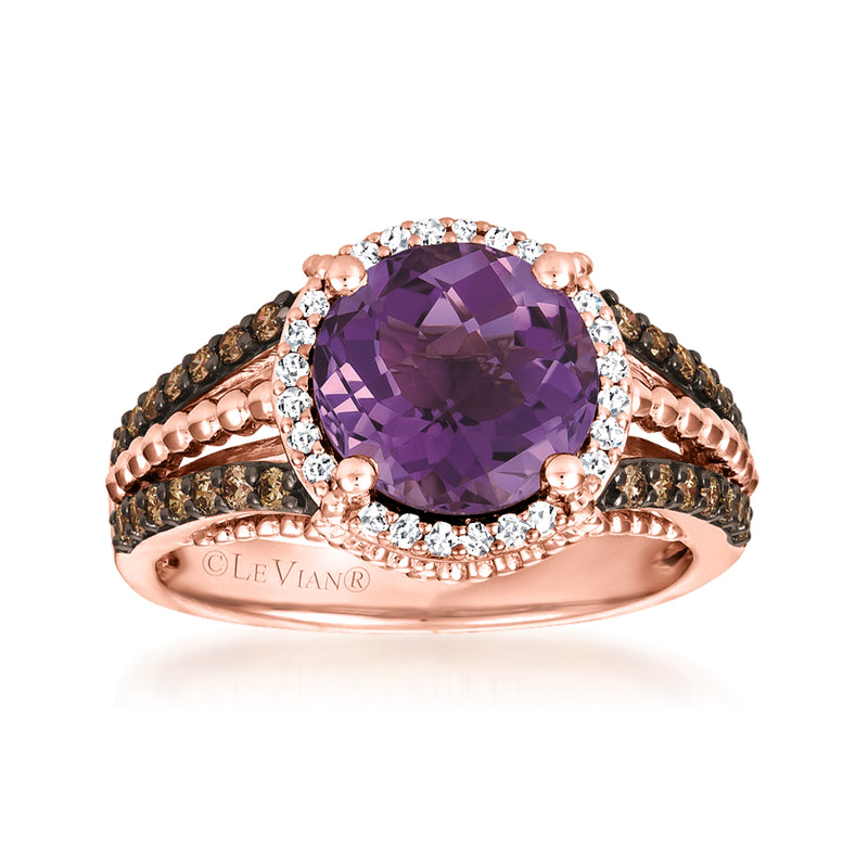 Le Vian rose gold ring with oval purple amethyst, diamond halo, braided side