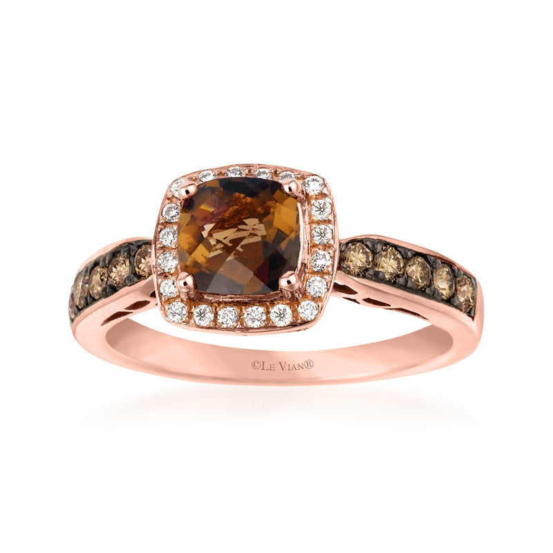 Le Vian ring with square chocolate quartz, diamond halo, and two-tone band