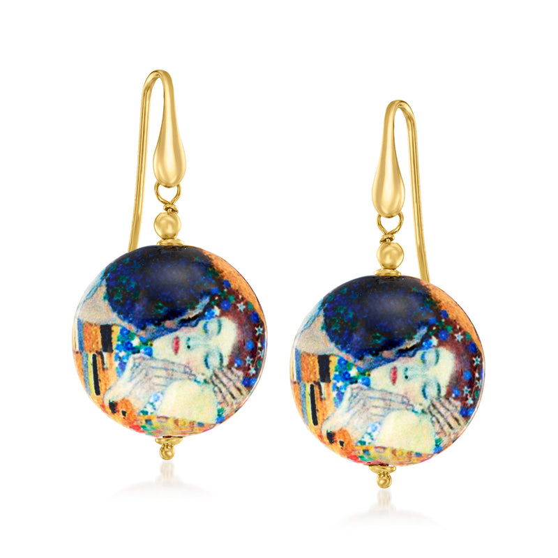 18kt gold over sterling drop earrings with round multicolored Murano glass beads, blue and gold