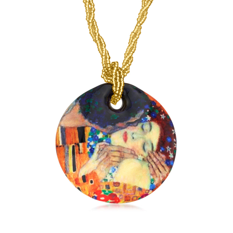 Gold-tone chain necklace with round multicolor glass pendant