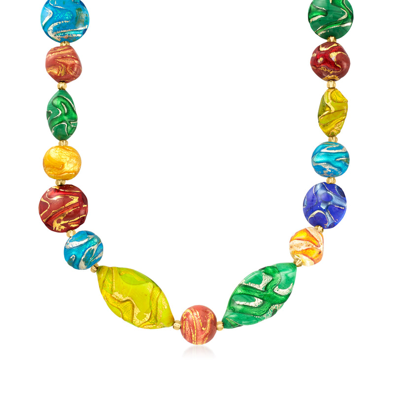 Multicolored Murano glass bead necklace on gold-tone links, oval and round beads