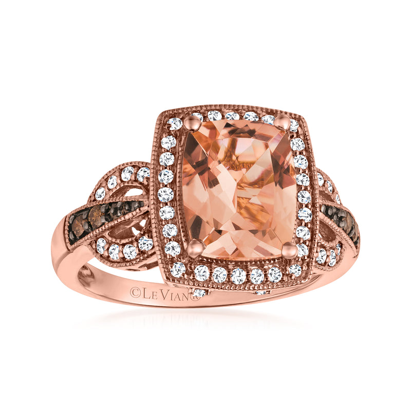 Le Vian peach morganite oval ring with diamond halo and chocolate diamond accents, rose gold