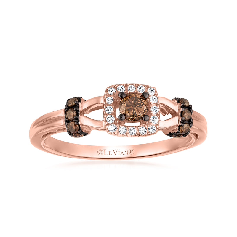 Rose gold chocolate diamond ring with square center, white diamond halo, side accents