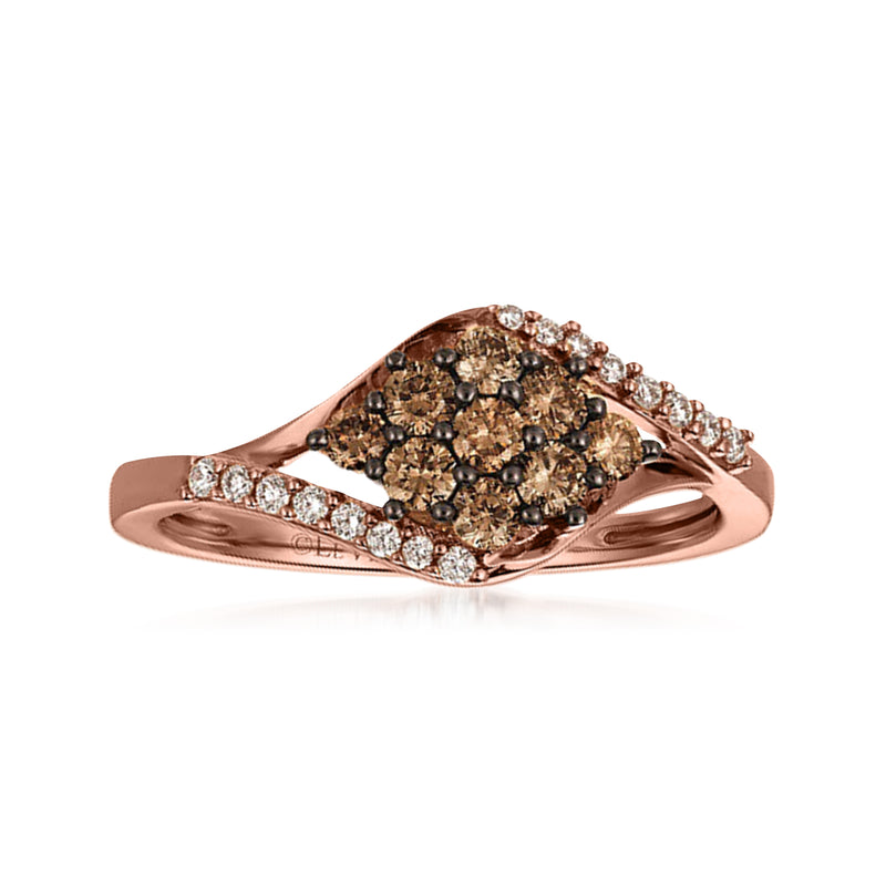 Rose gold diamond cluster ring with brown center stones and white diamond halo