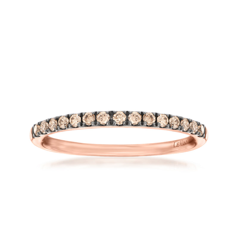 Rose gold diamond eternity ring with round chocolate diamonds in a channel setting