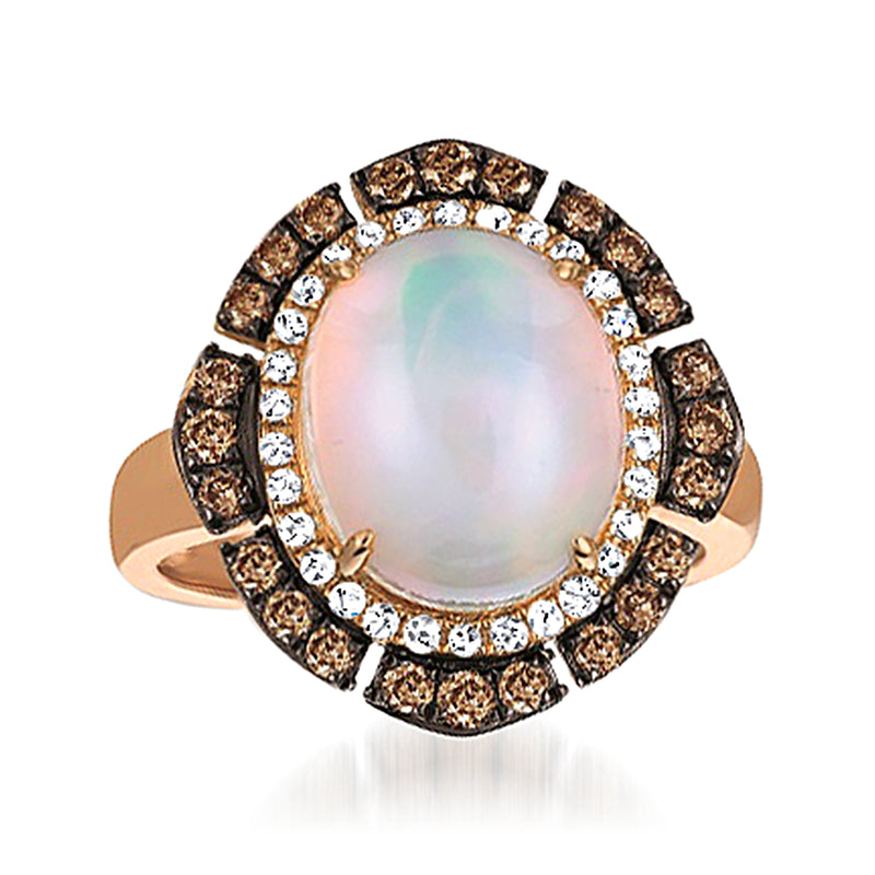 Opal and diamond halo ring in rose gold with dark and white stones