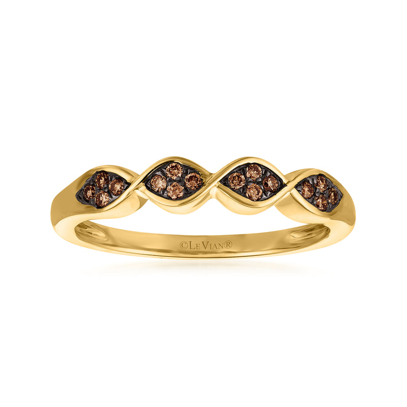 14kt honey gold ring with four chocolate diamond clusters in wave bezels