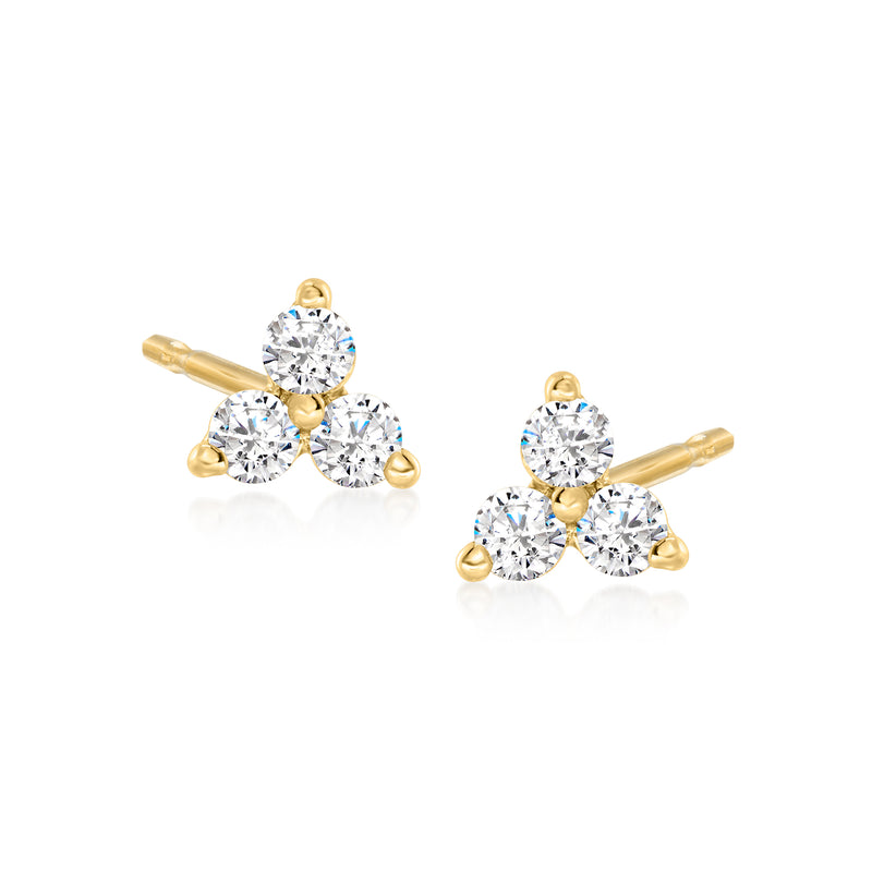 14kt yellow gold three-stone diamond stud earrings with post backs