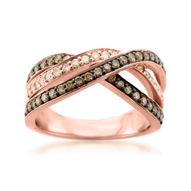 Rose-gold diamond highway ring with dark and light round stones, double-row band