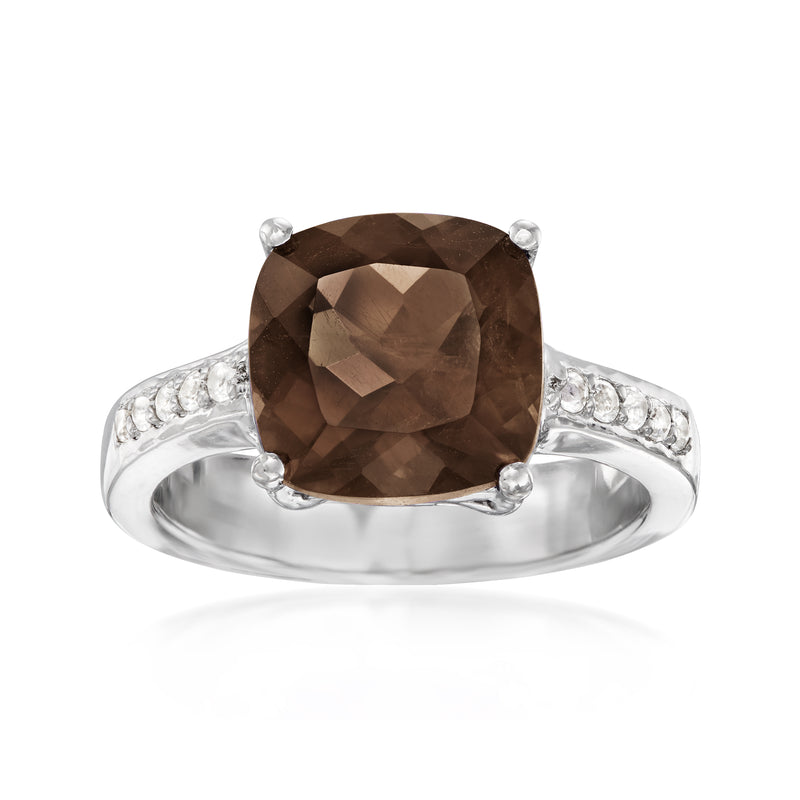 Smoky quartz center stone sterling silver ring with white topaz side accents
