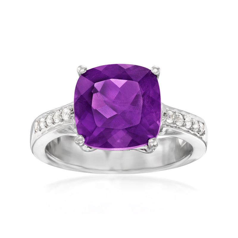 Sterling silver ring with cushion-cut amethyst center stone and white topaz accents