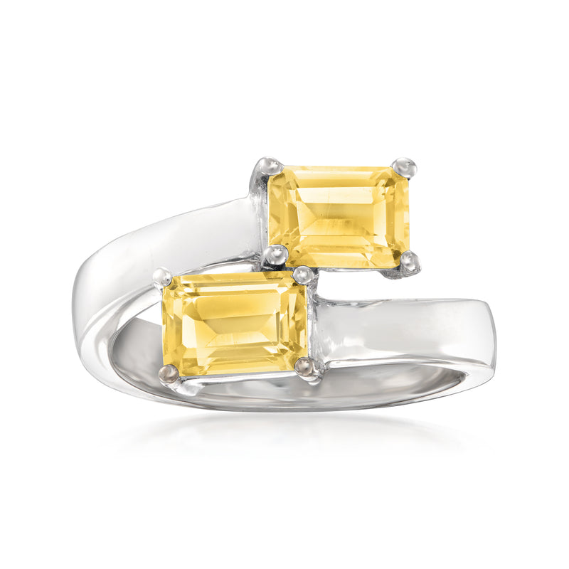 Sterling silver bypass ring with two yellow square citrine gemstones
