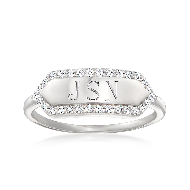 Sterling silver diamond personalized ring with oval top engraved JSN