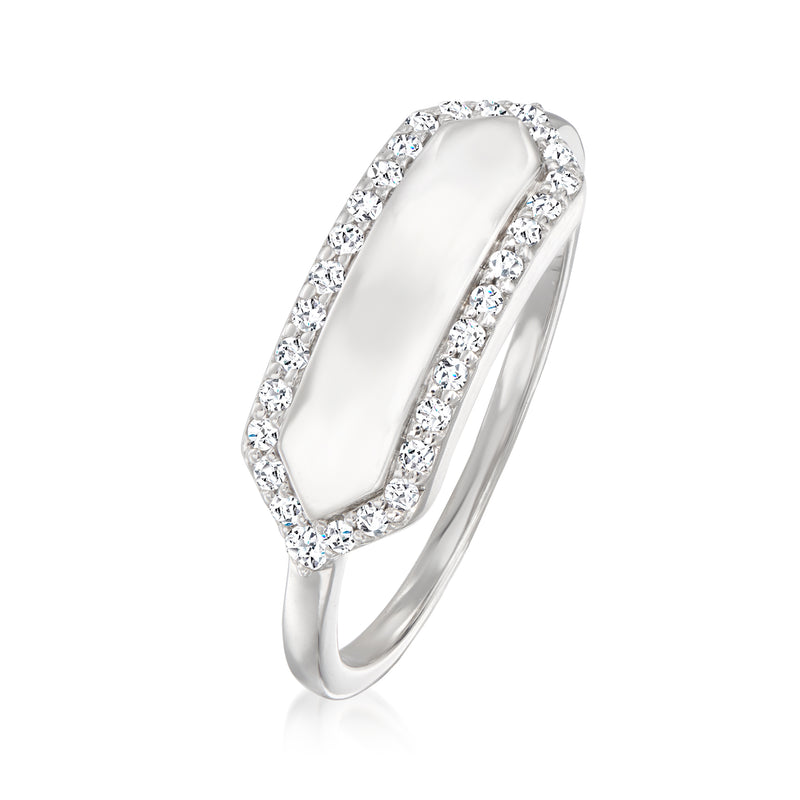 Sterling silver diamond personalized ring, side view with oval engraved panel