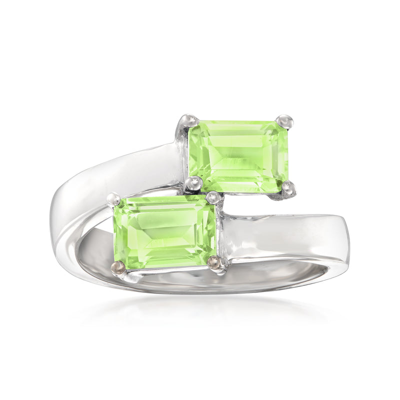 Sterling silver bypass ring with green peridot square gemstones