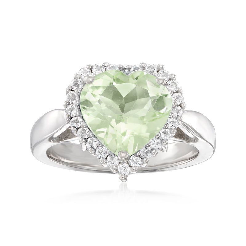 Sterling silver heart ring with light green prasiolite center and white topaz halo
