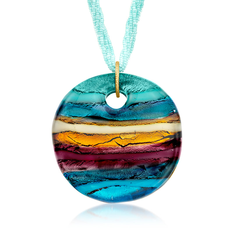Round multicolored Murano glass bead pendant on turquoise beaded necklace, gold bail