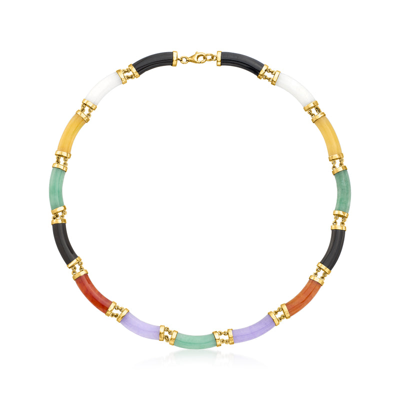 Multicolored jade bead necklace with 18kt yellow gold over sterling silver links, clasp