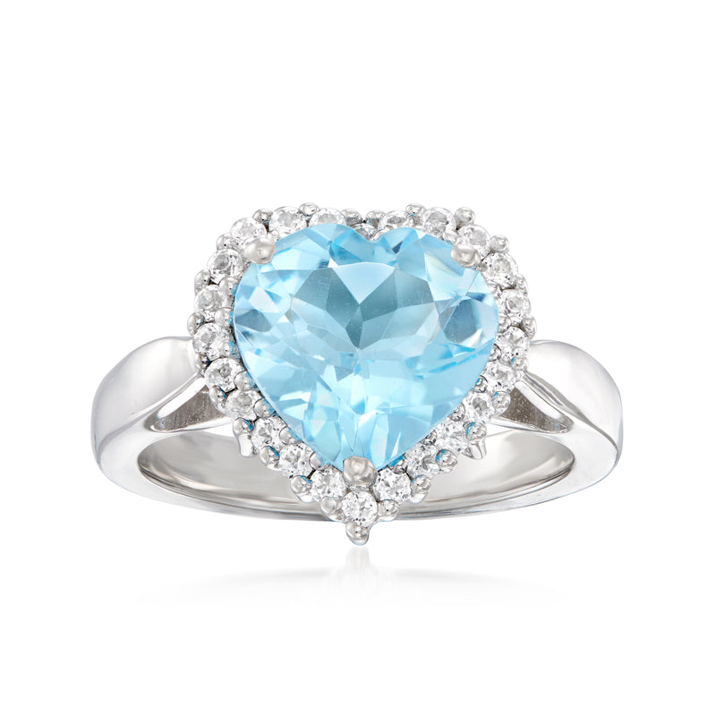 Sterling silver heart ring with Swiss blue topaz center and white stone halo