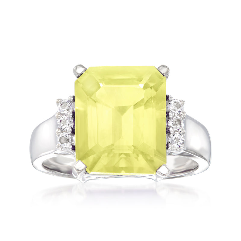 Sterling silver ring with lemon quartz center stone and white topaz side accents