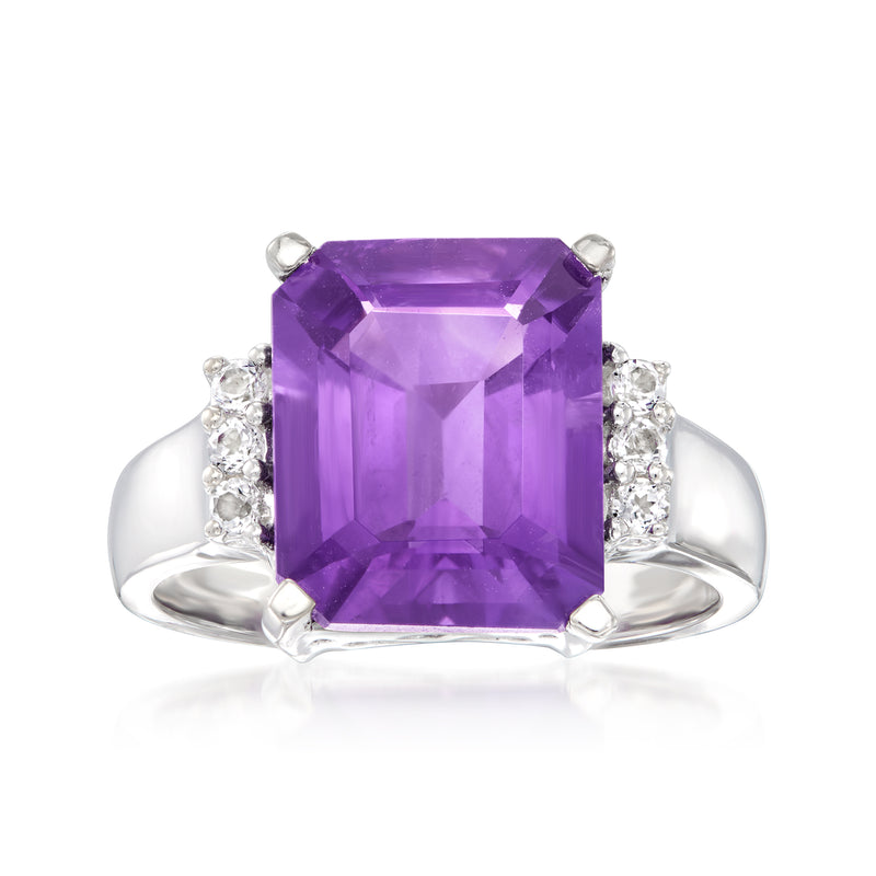 Sterling silver amethyst and white topaz ring with square cushion purple gemstone