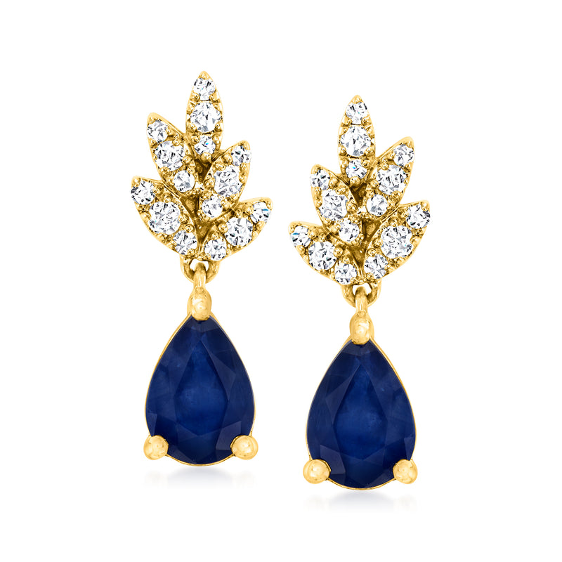 14kt yellow gold drop earrings with diamond cluster and blue teardrop sapphire