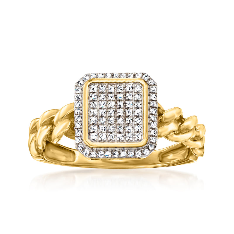 10k yellow gold curb-link ring with square diamond cluster and border bezel