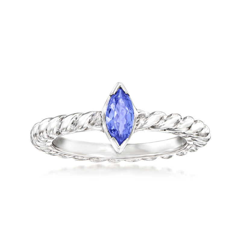 Sterling silver twisted ring with oval blue tanzanite gemstone