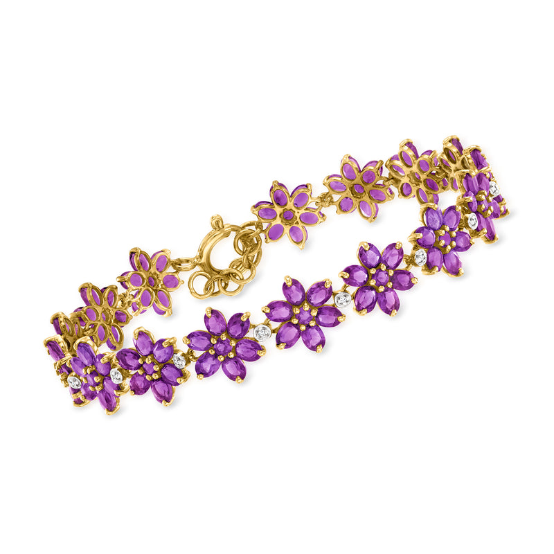 Amethyst flower bracelet with white zircon accents, gold over sterling, hinged clasp