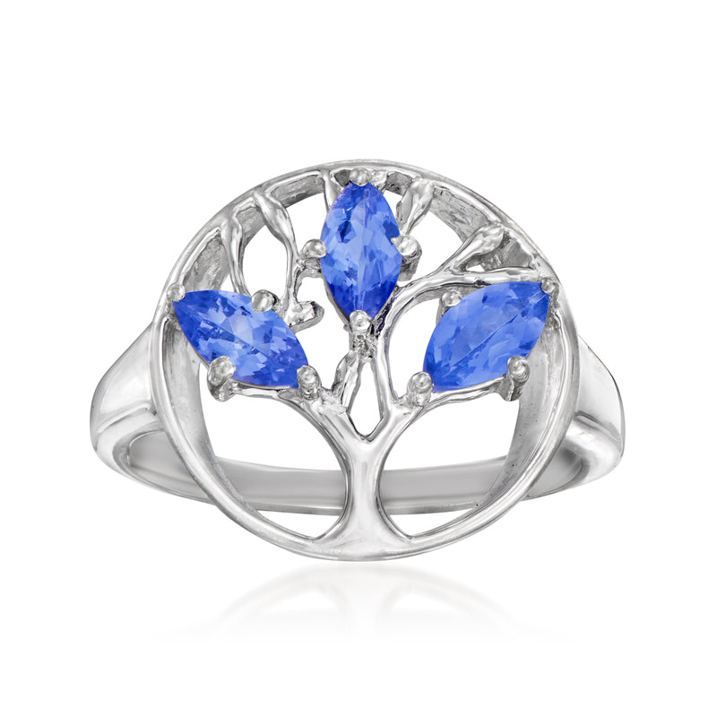 Sterling silver tanzanite Tree of Life ring with three blue gemstones in branches