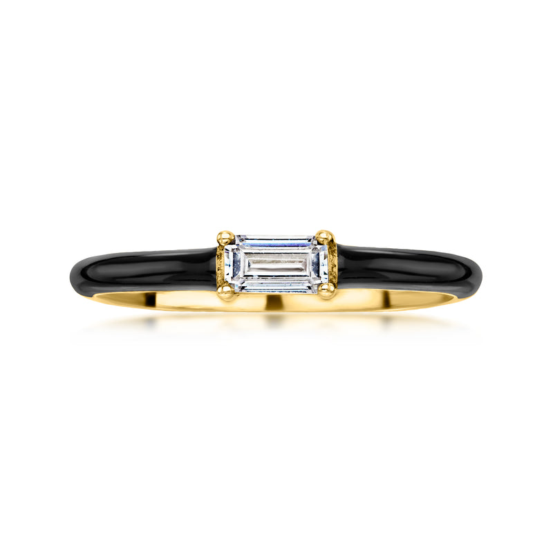 Gold over sterling ring with black enamel band and rectangular CZ center stone