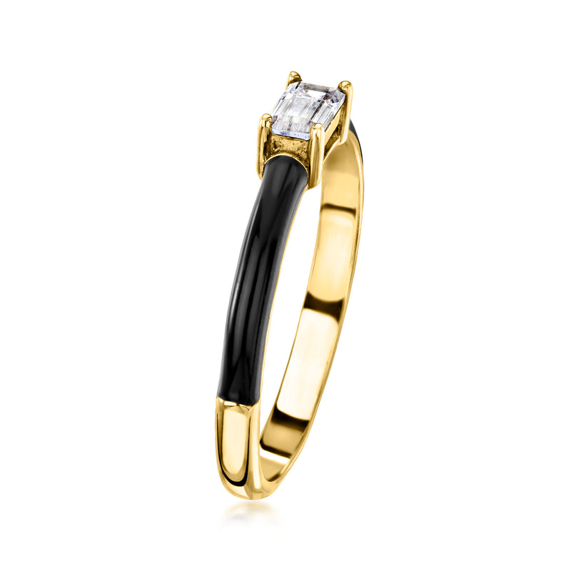 Black enamel and gold over sterling ring with raised rectangular CZ top view