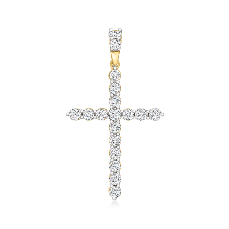14kt yellow gold diamond cross pendant with round stones and bail