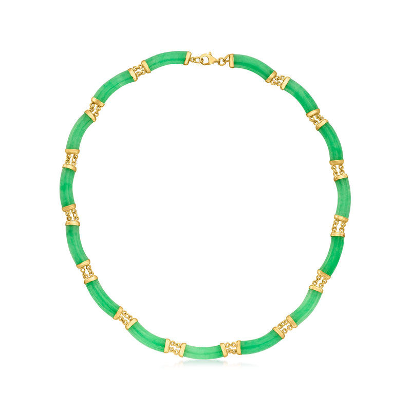 Curved green jade bead necklace with gold-toned spacers and small clasp