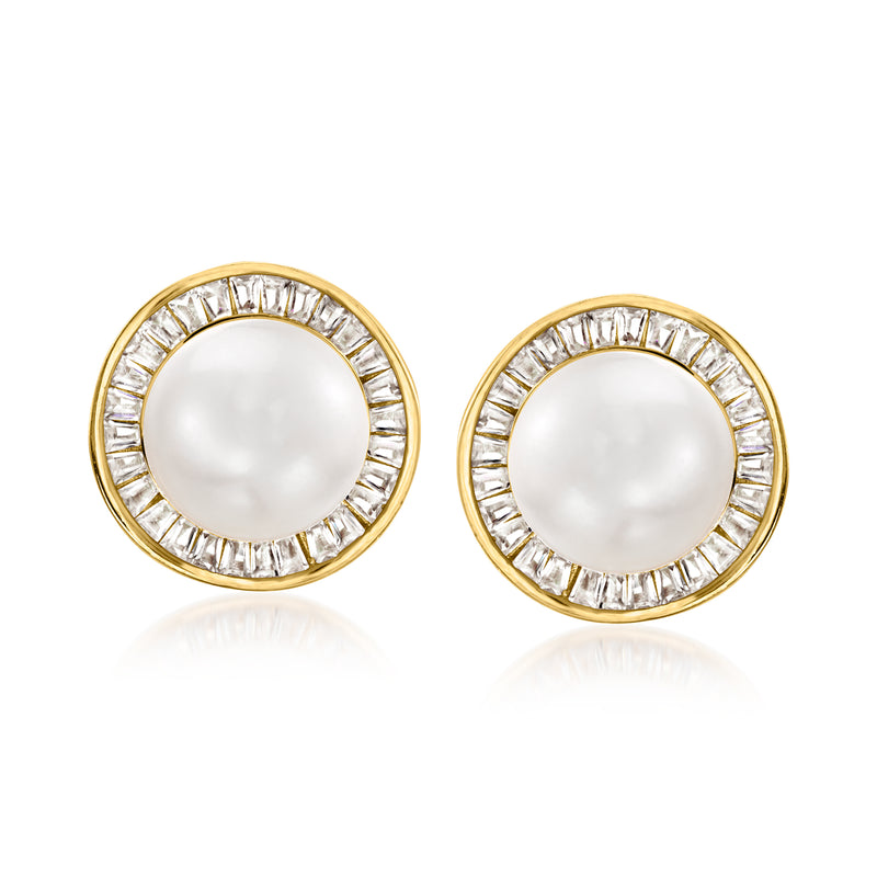 Gold-tone pearl stud earrings with curved halo of clear CZ stones