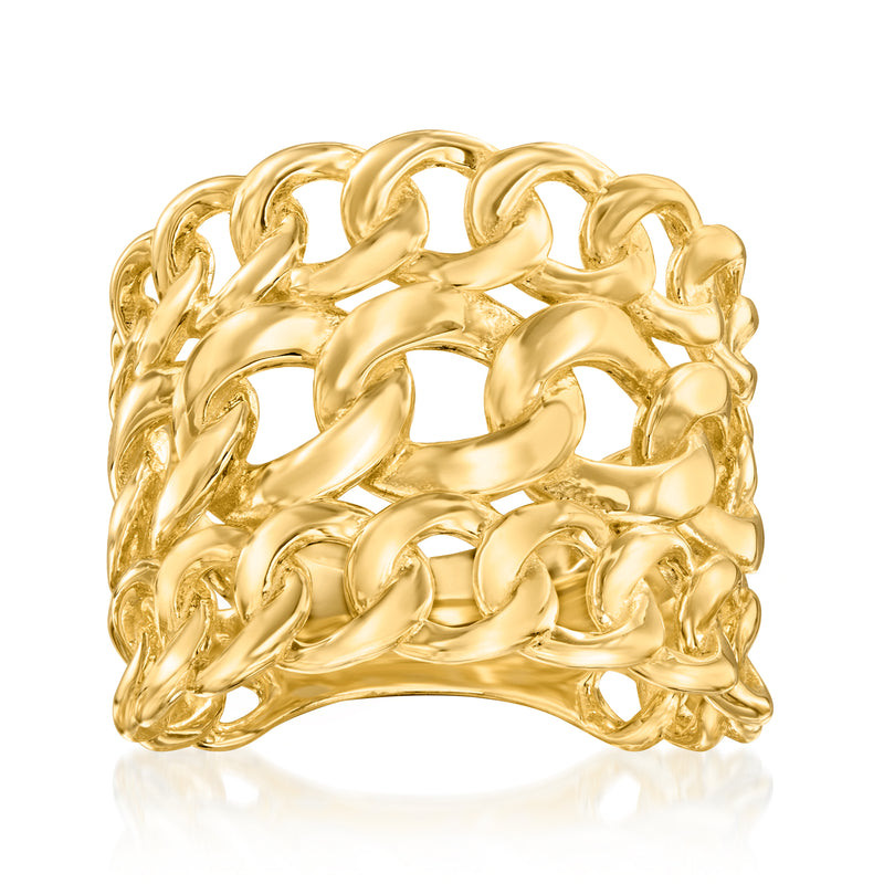 Gold curb-link multi-row ring with thick link texture, wide band