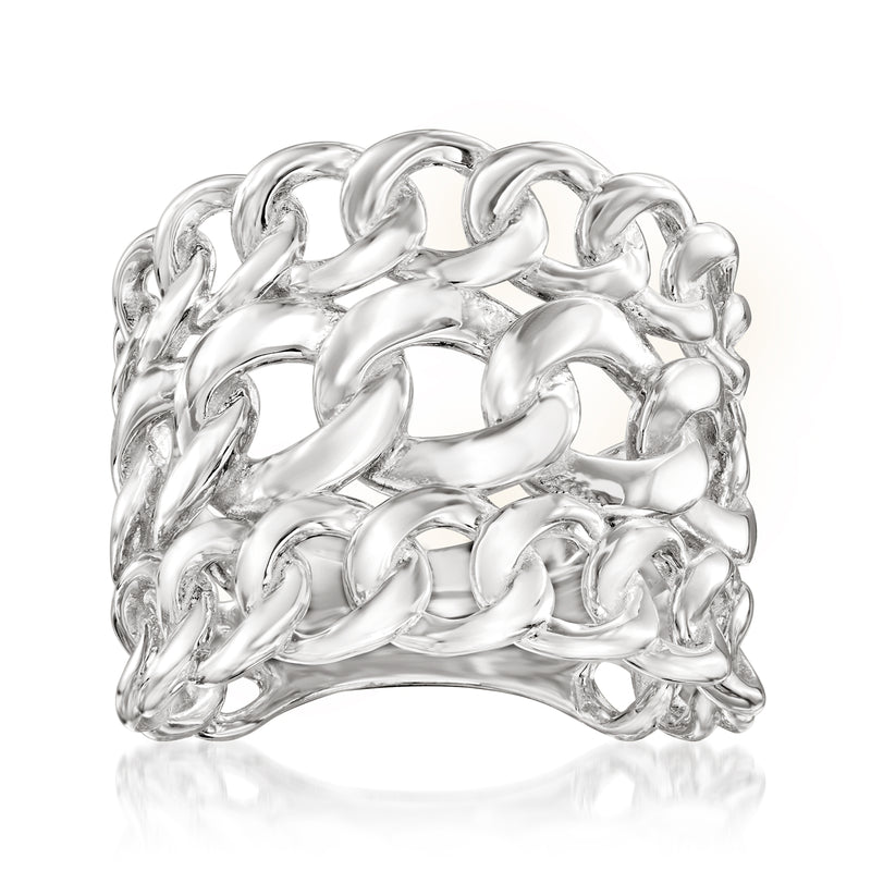 Multi-row curb-link sterling silver ring with oval chain links, polished shine