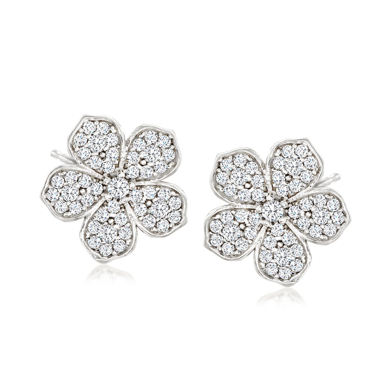 Sterling silver CZ flower stud earrings, five-petal design with post backs