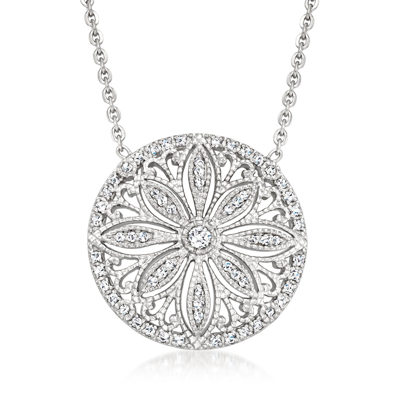 Platinum diamond openwork disc necklace with round sparkling round pendant