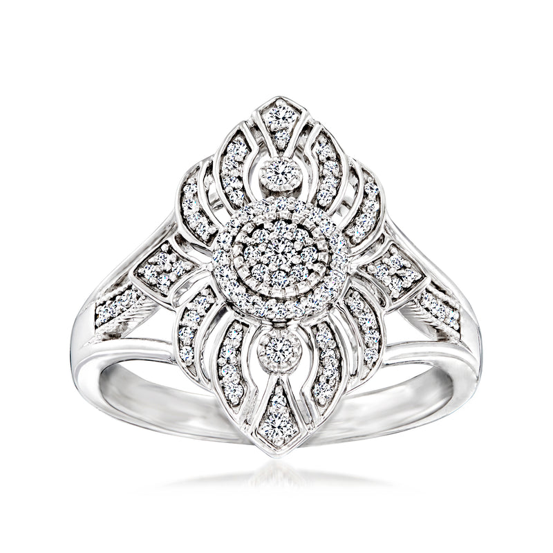 Platinum vintage-style diamond ring with round halo center and geometric side stones