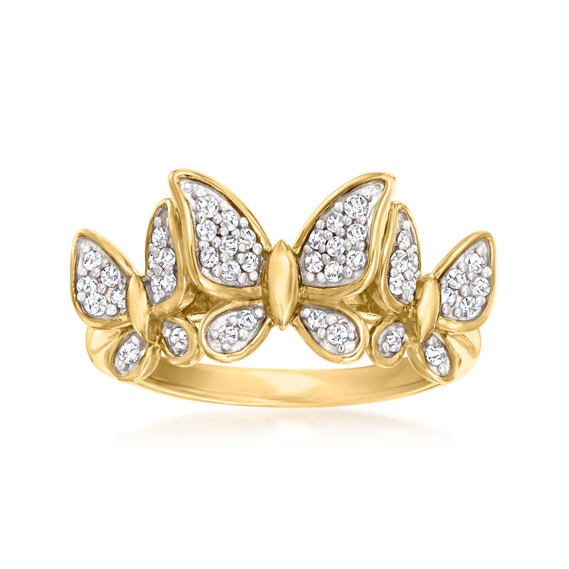 18kt gold over sterling butterfly diamond ring with round stones, polished band