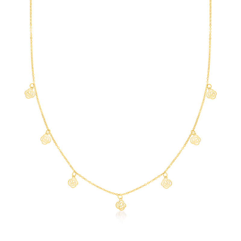14kt yellow gold rose station necklace with five rosette stations on a fine chain