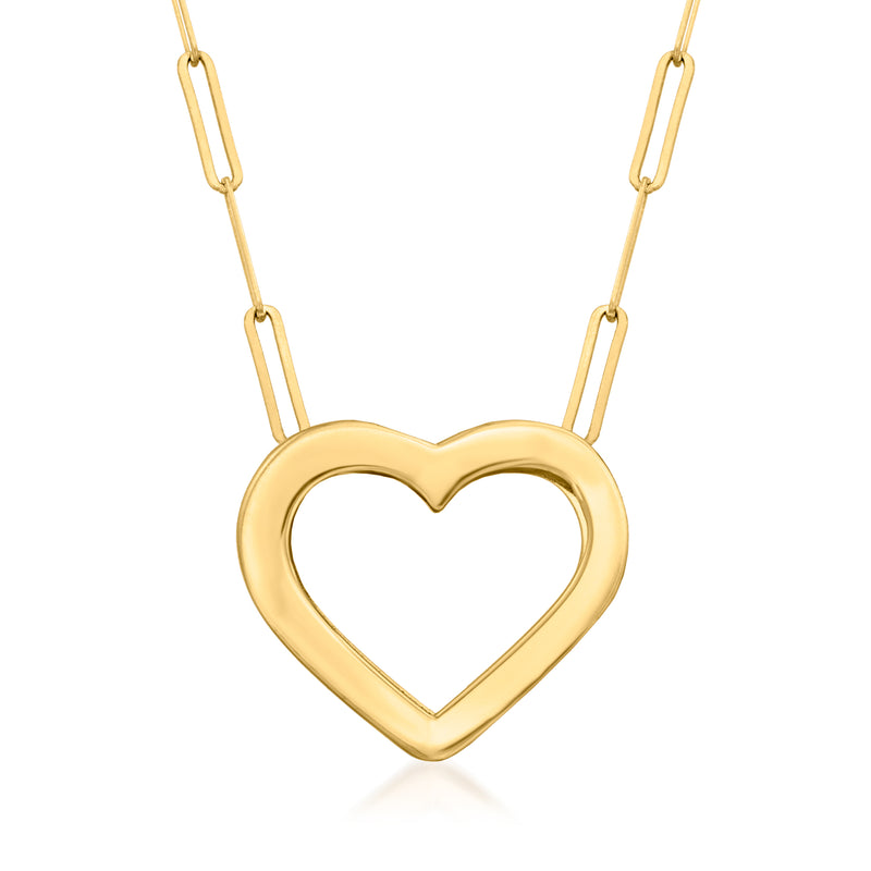 Yellow gold heart pendant necklace with paper clip link chain and open heart charm