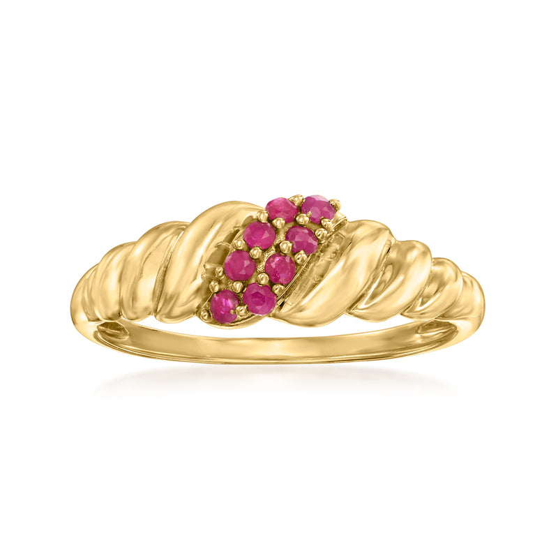 14kt yellow gold roped ring with clustered ruby gemstones, round pink-red stones