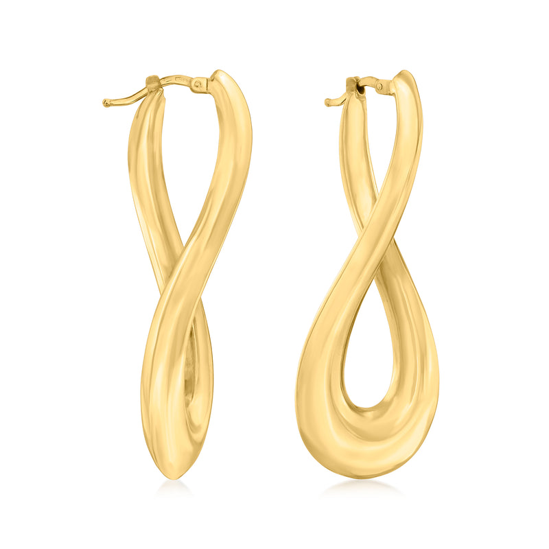 Elongated twisted hoop earrings in 18kt yellow gold with hinged posts