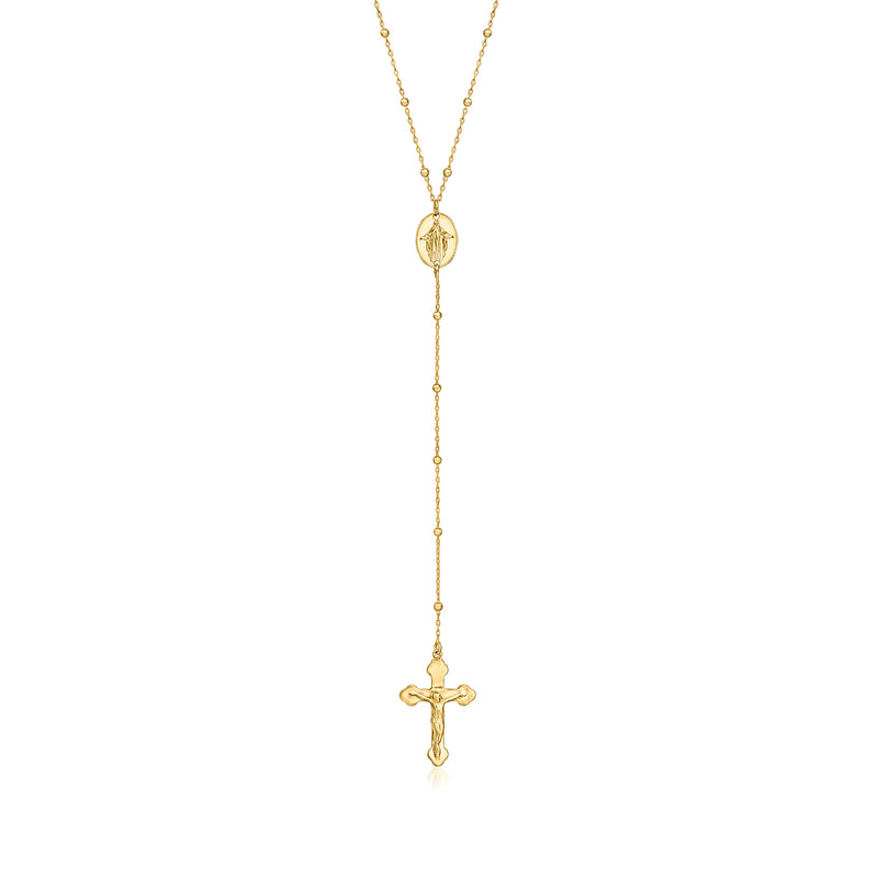 14kt yellow gold rosary necklace with crucifix and round bead centerpiece