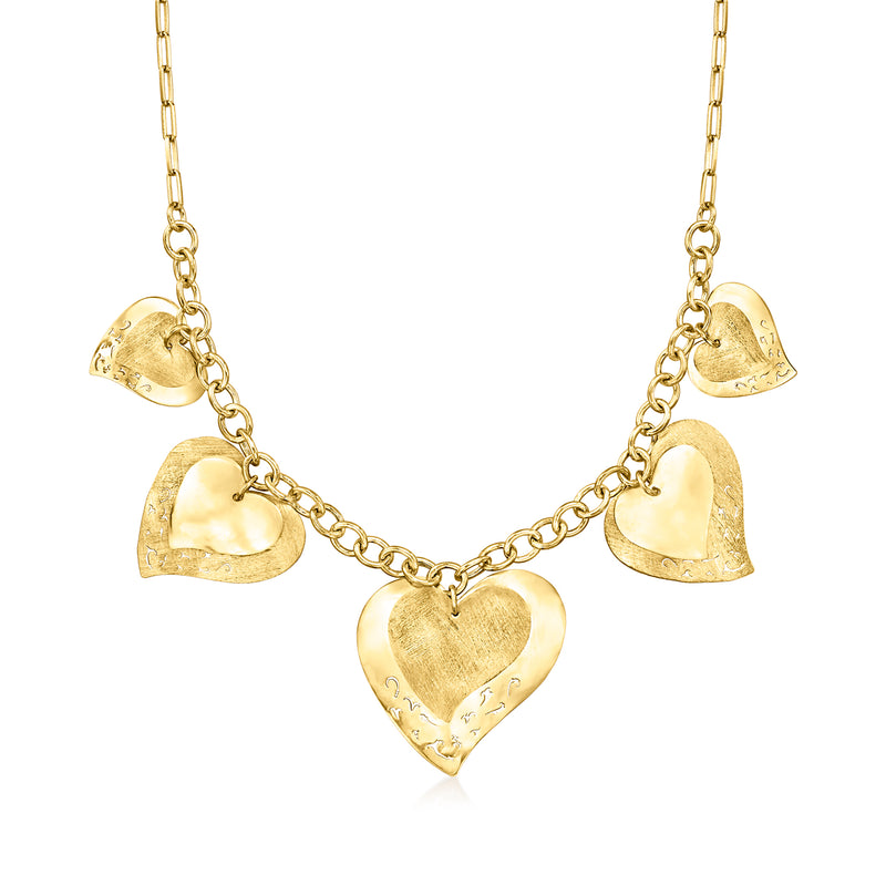 18kt gold over sterling heart drop necklace with five heart charms on link chain