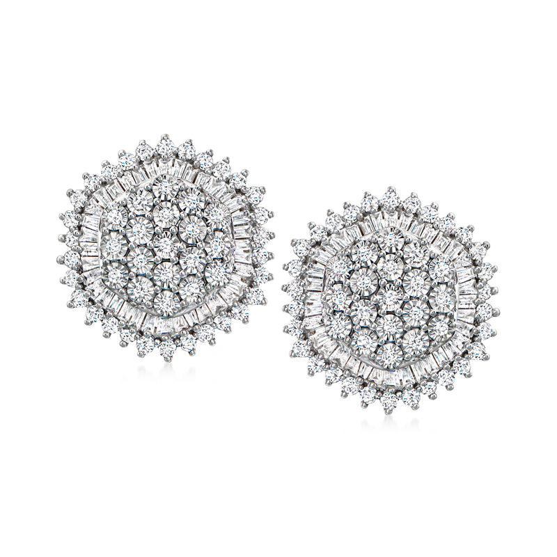 Round diamond circle cluster stud earrings with post backs, halo of sparkling stones