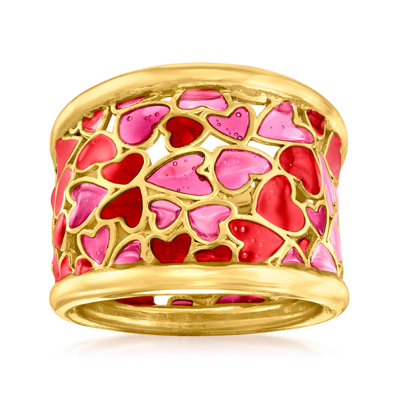 Gold heart enamel ring with red and pink heart mosaic design