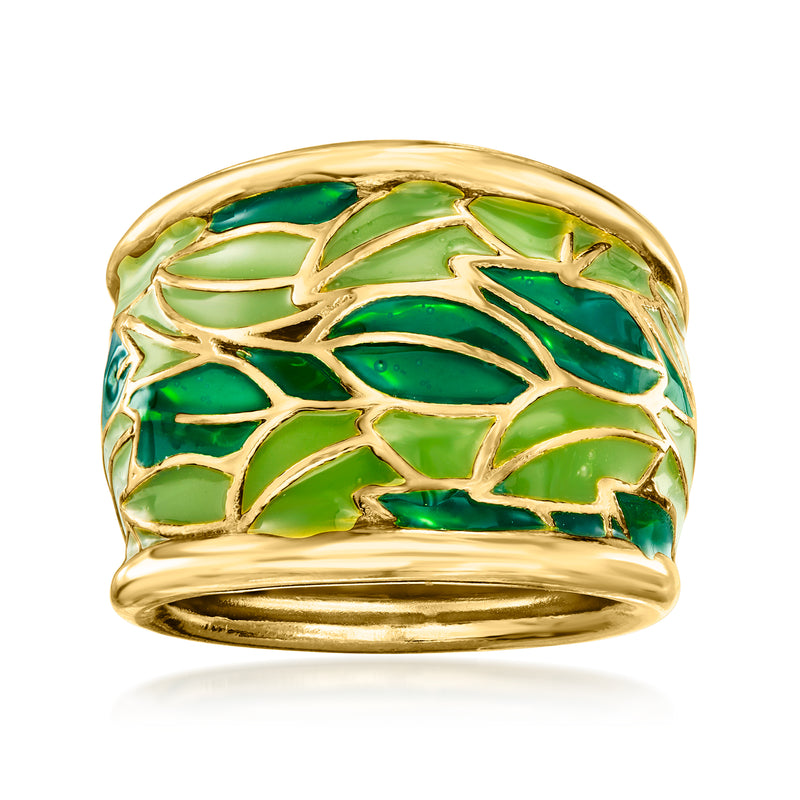 Green enamel leaf dome ring with gold-tone setting, wide band